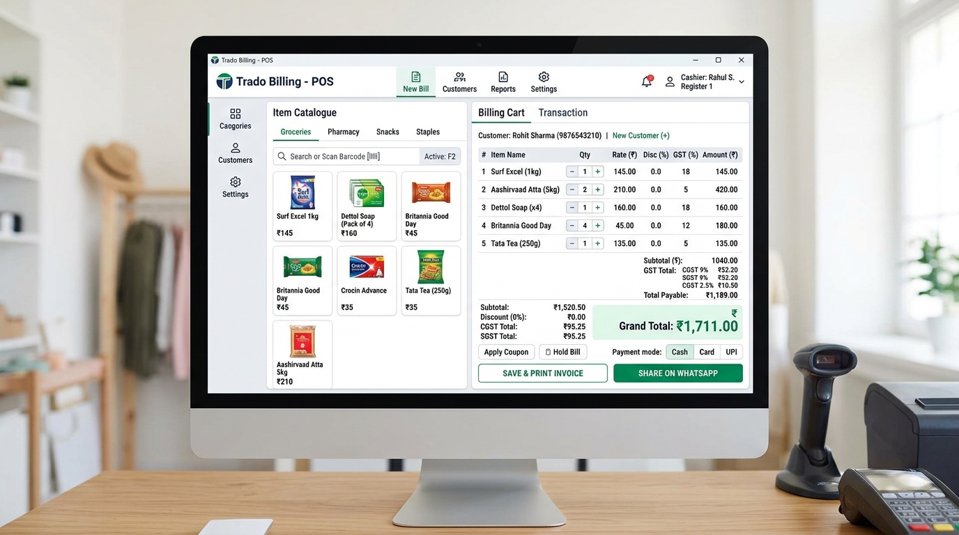Trado billing on a shop counter computer